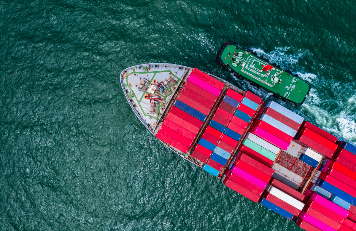 Aerial view of cargo container vessel at sea