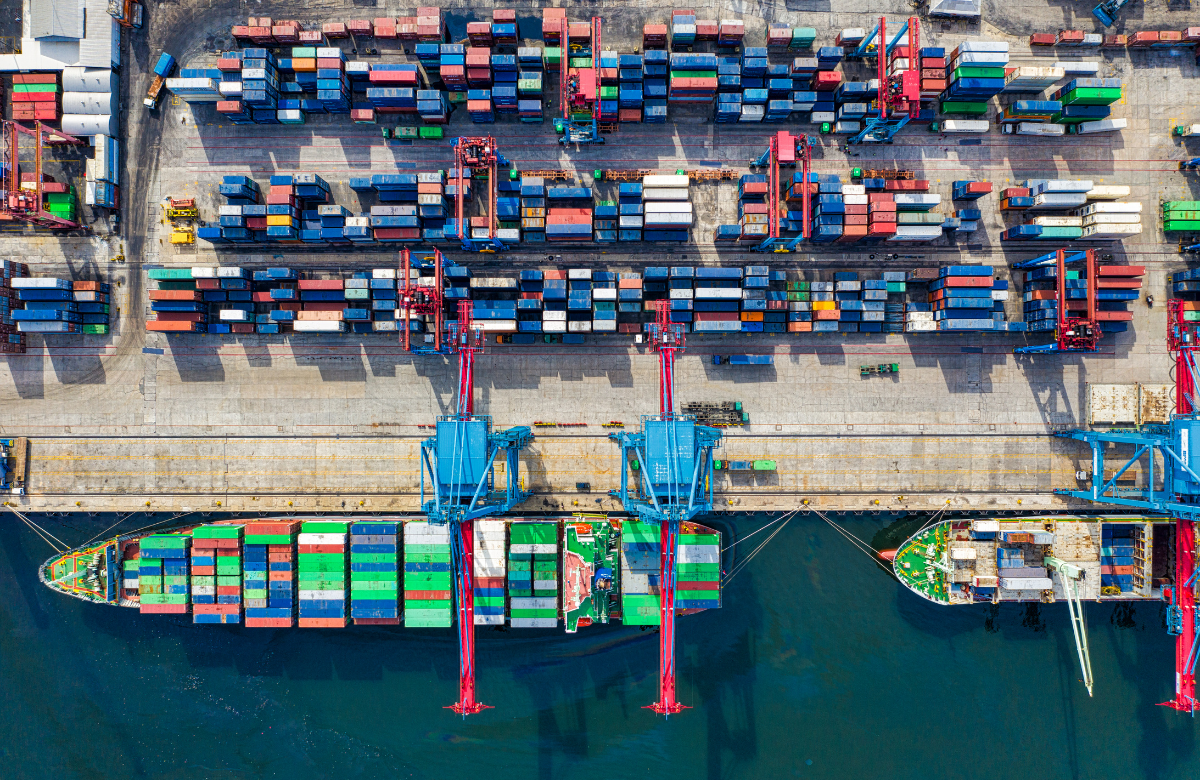 Aerial view of seaport container handling terminal